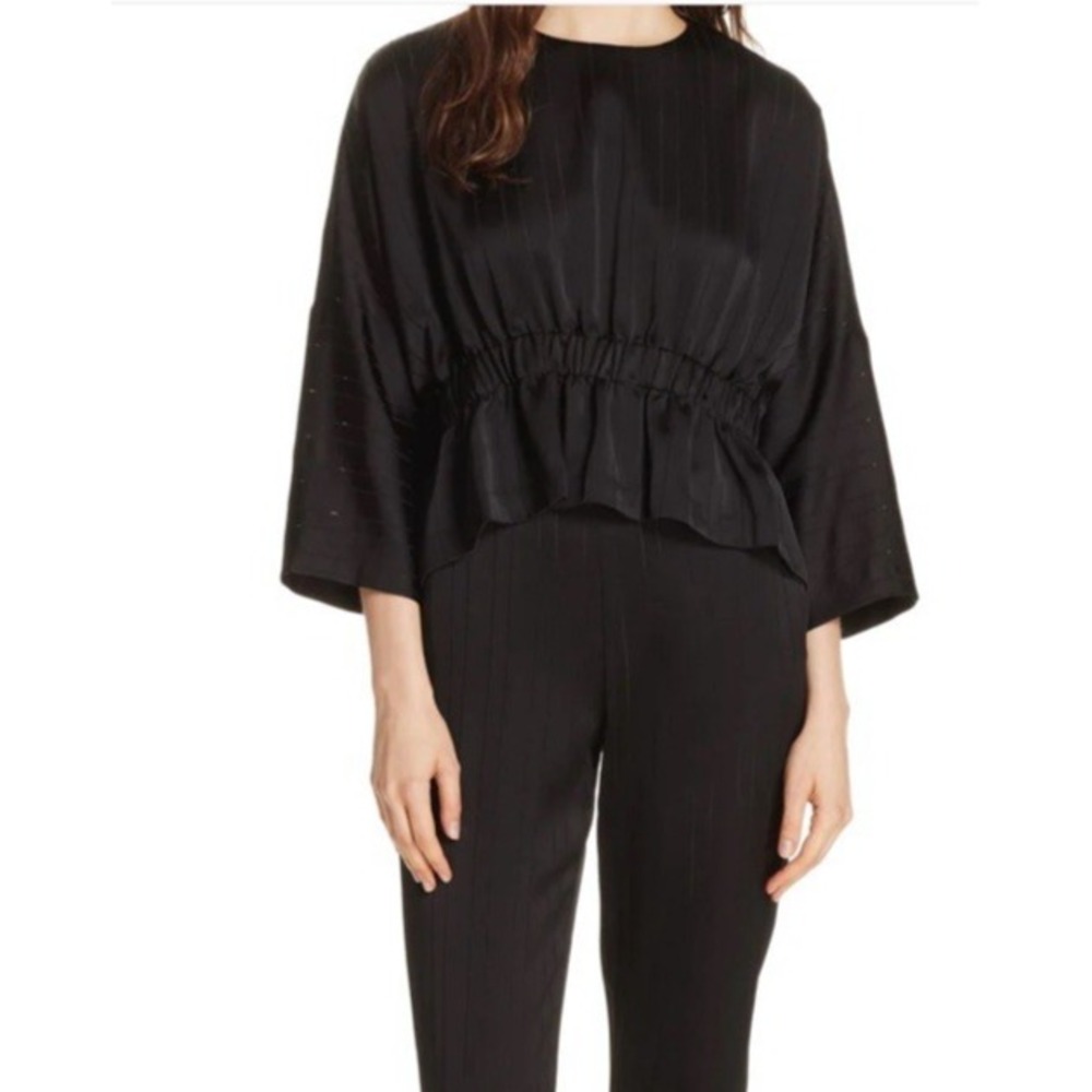 Ted Baker Top Kimilla Pinstripe Peplum Womens 2 Black Wide Sleeve Zip Excellent